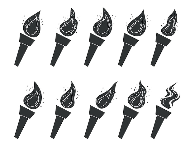 Fuoco, torcia, fiamma, silhouette nera, ombra, icona, set isolato, progettazione grafica vettoriale