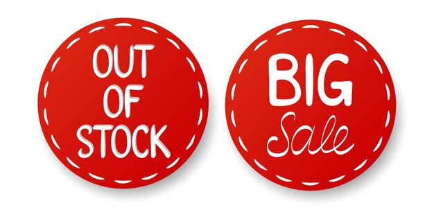 Fuori scorta e big sale sticker esaurito vendita di liquidazione esaurito annunci banner pubblicità vendita esaurito sconto percentuale di acquisto offerta limitata ordine di acquisto cliente vettore