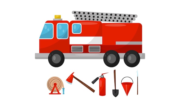 Furgone dei vigili del fuoco rosso con una scala e un kit di strumenti Assa secchio tubo estintore paletta illustrazione vettoriale su sfondo bianco