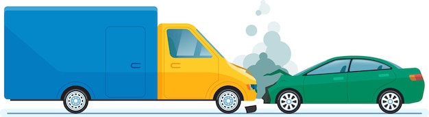 Furgone di consegna giallo e blu che si schianta contro un'auto verde con fumo che esce dalla parte anteriore dell'auto verde dopo l'impatto che rappresenta un incidente stradale