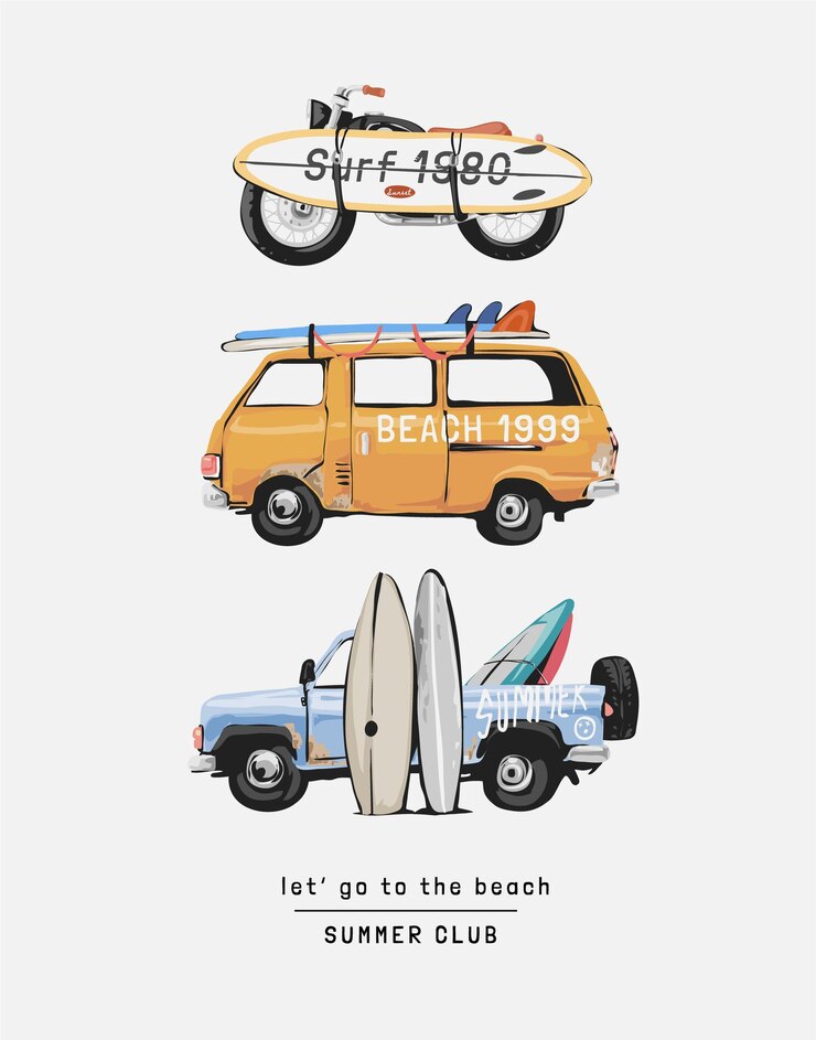 furgone e camion per motociclette da spiaggia con illustrazione vettoriale della tavola da surf