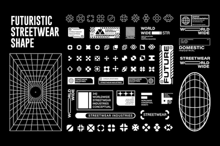 Vettore futuristico streetwear cyberpunk forma elemento tecnologia grafico modello di progettazione vettoriale