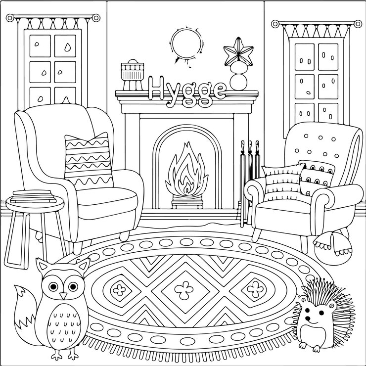 Vettore fuzzy hygge pagine da colorare carine e accoglienti animali adorabili personaggi fuzzy friend libro da colorare
