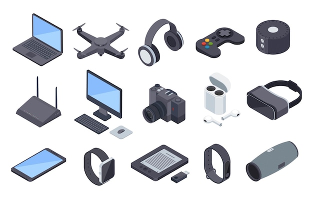 Gadget isometrici Dispositivi elettronici con tecnologia wireless Cuffie drone smartwatch router 3d