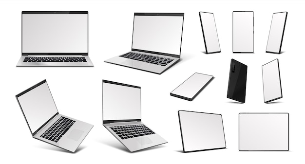 Gadget realistici. Laptop, tablet PC e dispositivi di telefonia mobile mockup, gadget digitali 3D con schermo vuoto in prospettiva isometrica. Dispositivo mobile di illustrazione vettoriale da diverse angolazioni