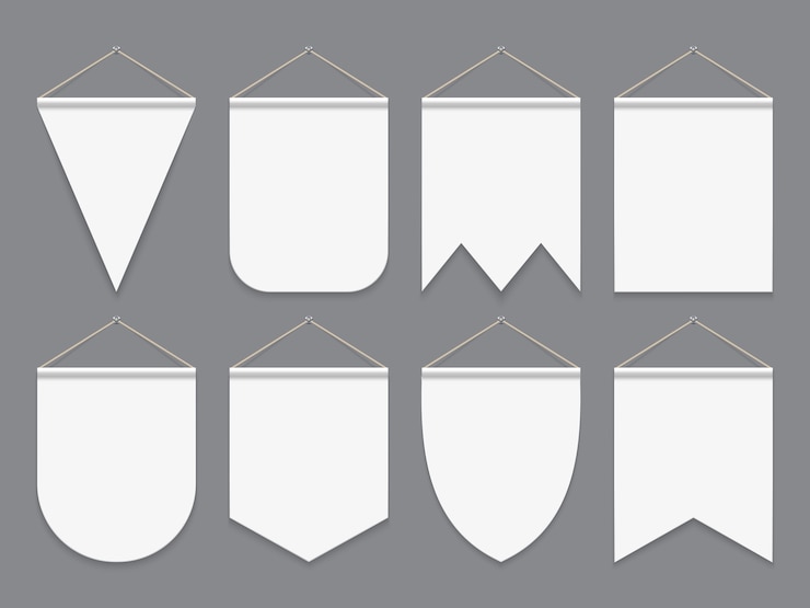 Vettore gagliardetto bianco appendere bandiere di tessuto vuote. banner pubblicitari su tela per esterni. mockup di vettore di gagliardetti