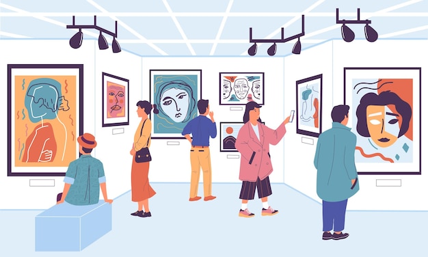 Galleria d'arte Caricature di persone all'esposizione del museo che guardano dipinti e opere d'arte turisti al festival Illustrazioni vettoriali esposizione contemporanea visitatori galleria d'arte del museo