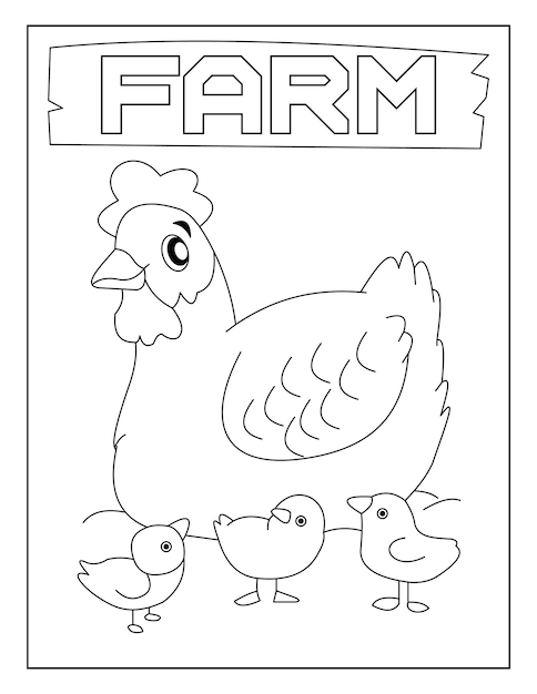 Gallina con bambini Pagina da colorare con sfondo