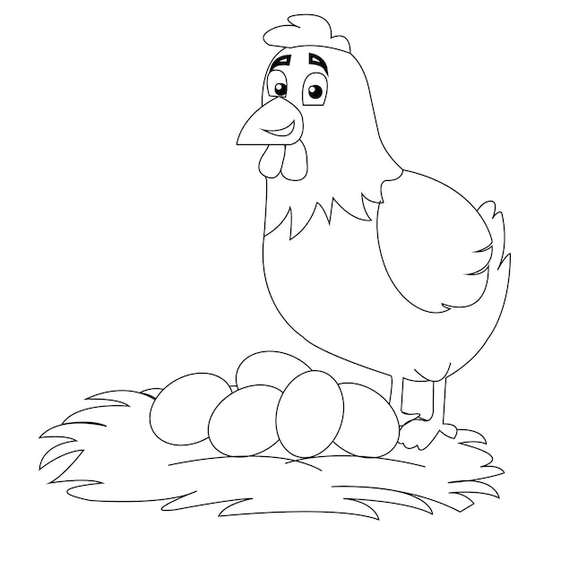 Gallina con illustrazione delle uova pagina del libro da colorare per bambini