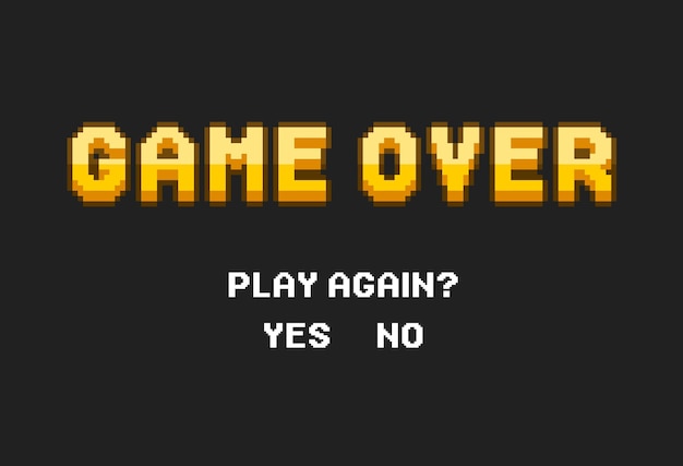 Game Over in stile pixel art retrò su sfondo nero. Concetto di livello finale nel gioco virtuale o interfaccia utente classica per videogiochi online. Messaggio sullo schermo del videogioco. Illustrazione vettoriale.