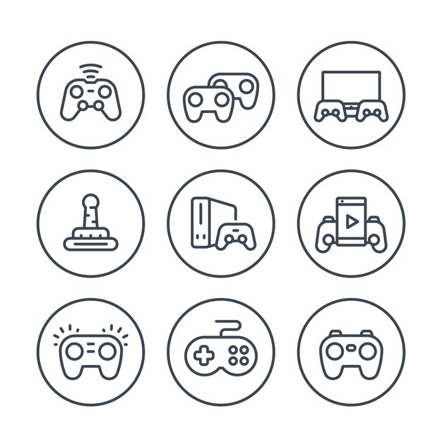 gamepad icone di linea in cerchi sopra bianco controller di gioco wireless console joystick di videogiochi