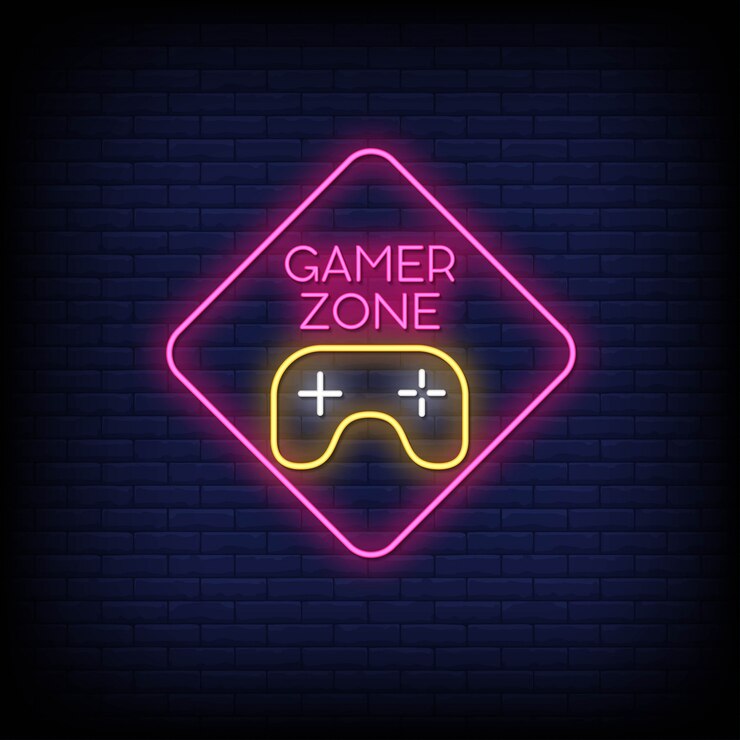 Vettore gamer zone neon signs style text