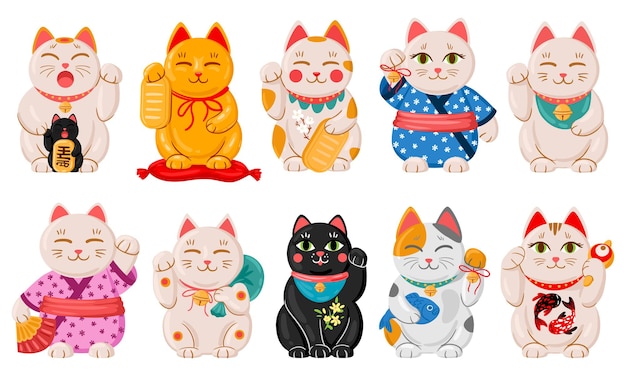 Gatti maneki neko giapponesi. Giocattoli per gatti tradizionali giapponesi fortunati del fumetto