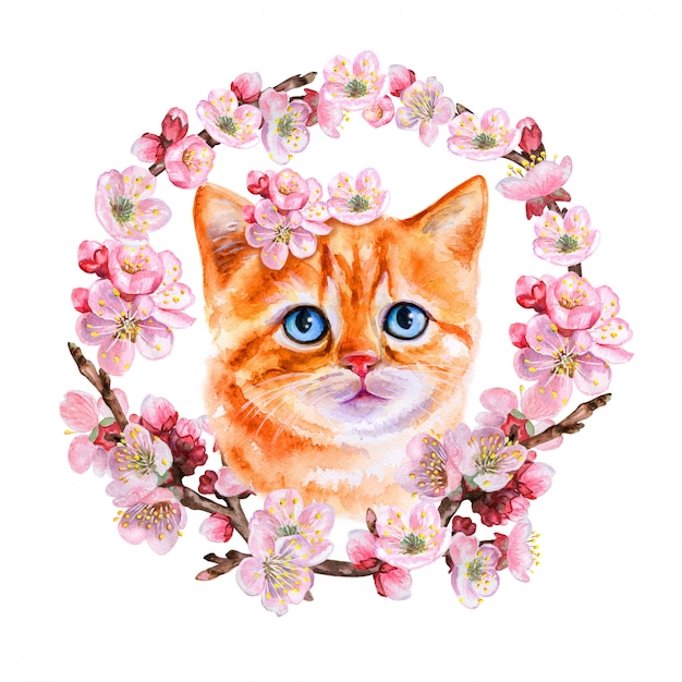 Gattino rosso in una corona di fioritura, ornamento
