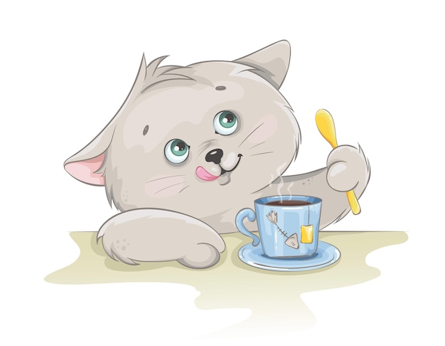 Gattino sveglio che mangia una tazza di tè