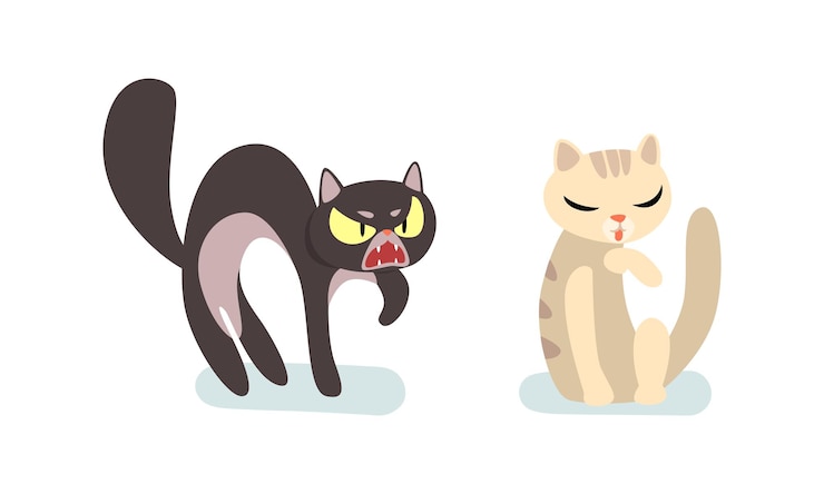 Vettore gatto a fumetti come animale domestico a quattro zampe seduto e in piedi set vettoriale