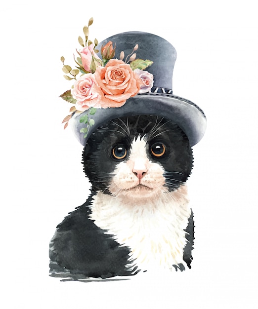Gatto acquerello con cappello e fiore.
