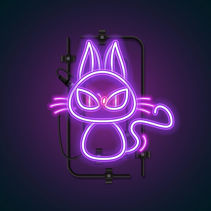 Vettore gatto al neon viola su sfondo scuro gatto nero