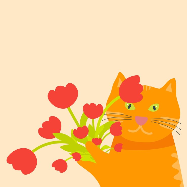 Vettore gatto arancione divertente con un mazzo di fiori