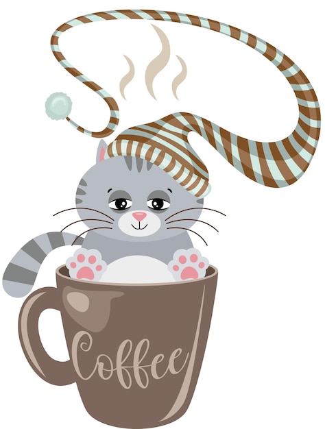 Gatto assonnato con cappello da notte dentro una tazza di caffè