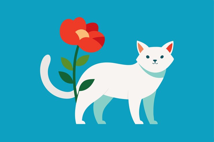 Vettore gatto bianco e fiore in stile takeshi kitano f