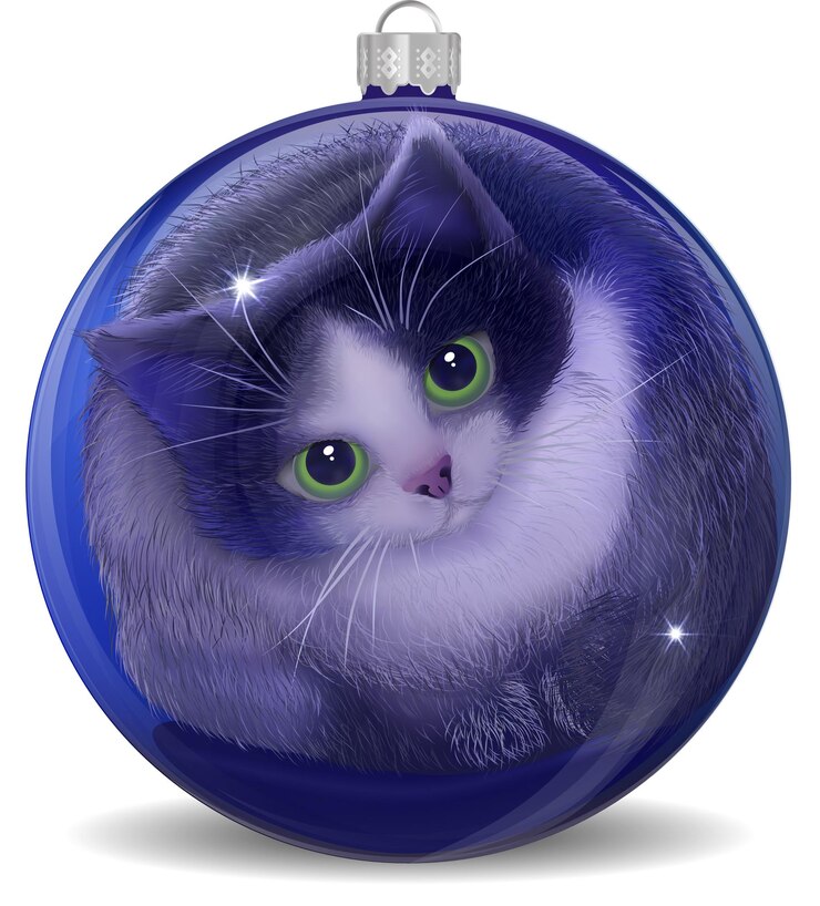 Vettore gatto bianco e nero nella palla di natale blu