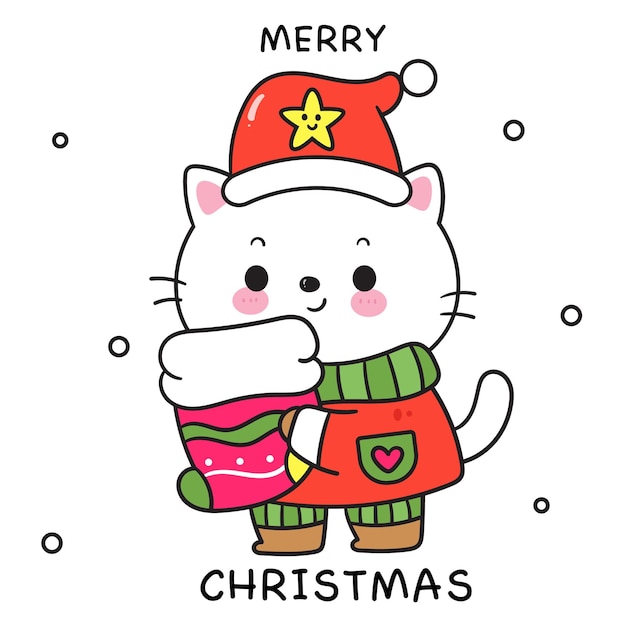 Gatto carino cartone animato di Natale kawaii gattino felicità di Capodanno animale invernale