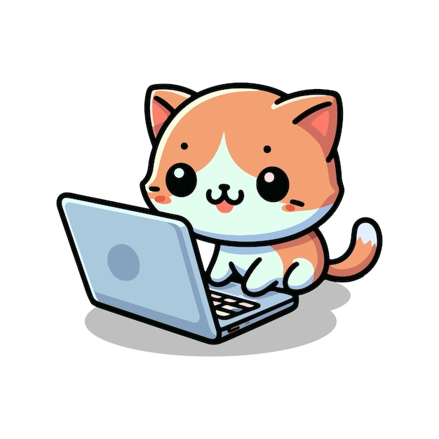 gatto carino che lavora sul portatile cartone animato icona vettoriale illustrazione