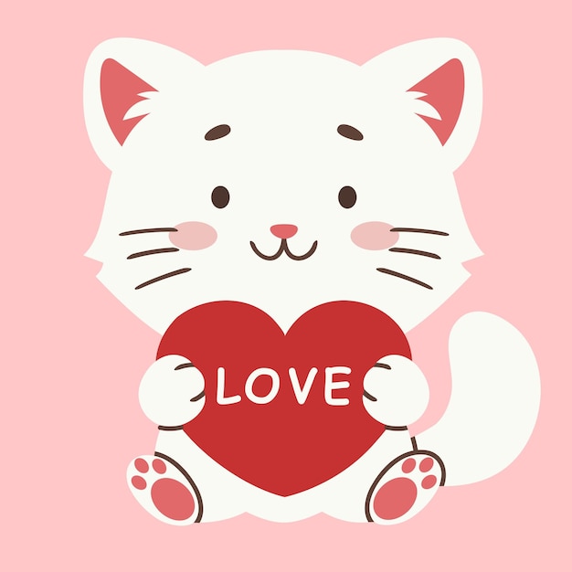 Gatto carino che tiene il cuore che manda amore emozioni romantiche felice giorno di San Valentino disegno di biglietto di auguri