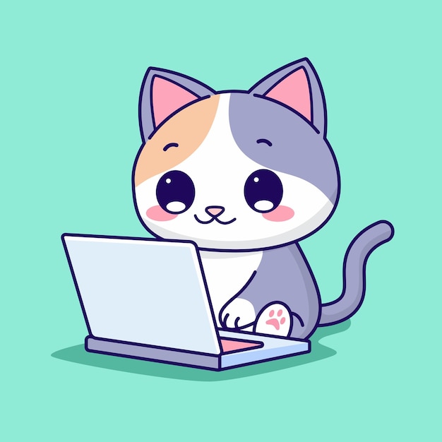 Gatto carino con illustrazione vettoriale di cartoni animati per laptop