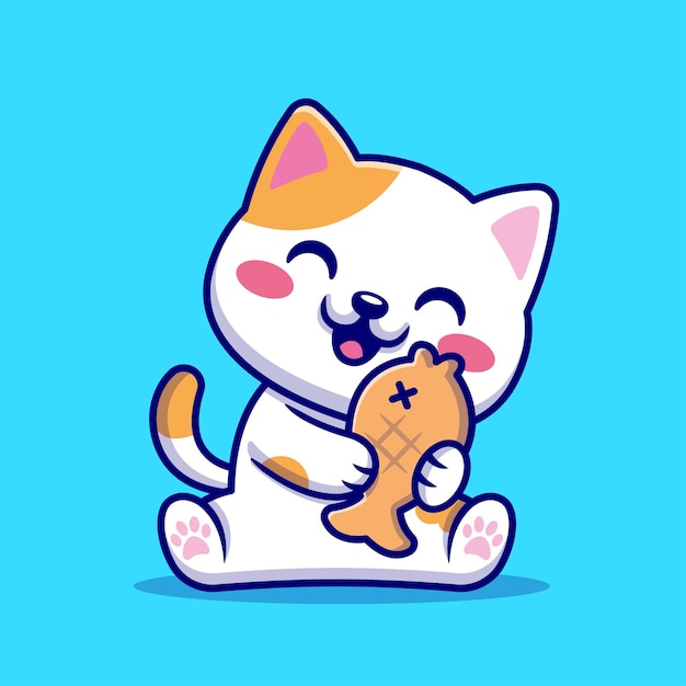 Gatto carino con pesce Cartoon icona vettore illustrazione concetto di icona di cibo per animali isolato piatto