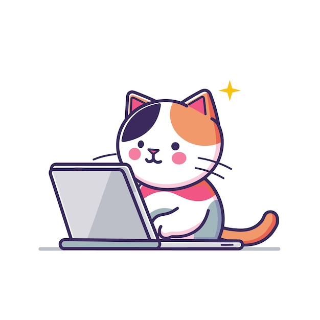Gatto cartoon carino che usa il portatile gattino esperto che scrive affascinante utente digitale felino adorabile