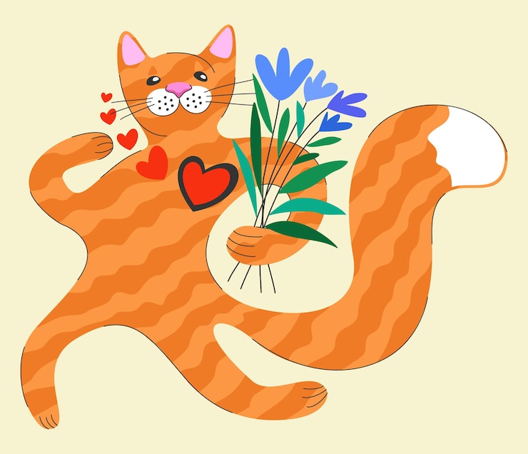 Vettore gatto con bouquet floreale e cuori. buon san valentino!