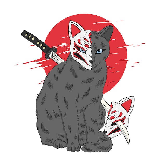 Gatto con illustrazione maschera kitsune in stile giapponese