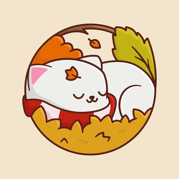 Vettore gatto del sonno calmo nel fumetto della foresta di autunno