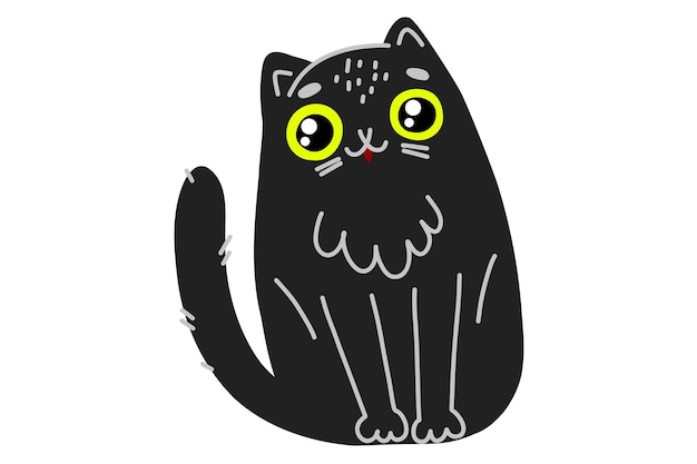 Gatto nero cartoon carino Gatto nero per decorare carte si siede e guarda Vettore di scorte