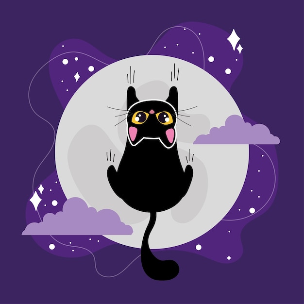 Gatto nero che si arrampica con la luna piena e il vettore delle nuvole