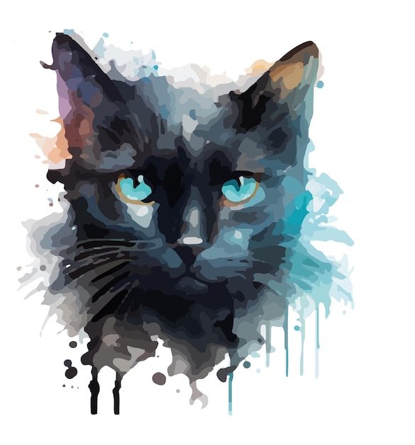 gatto nero con occhi blu, verdi, viola, rossi, gialli, acquerello, vettore, illustrazione