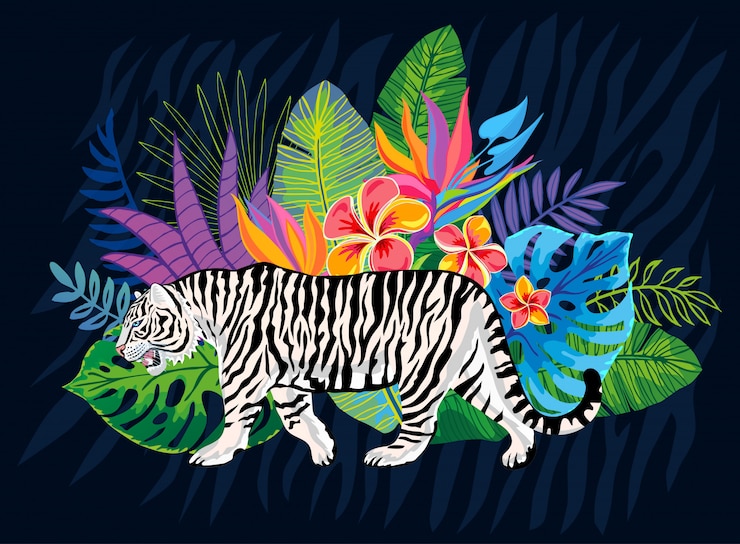 Vettore gatto selvaggio capo bianco della tigre in giungla variopinta. disegno della priorità bassa dei fogli tropicali della foresta pluviale. la tigre strisce l'illustrazione di arte del carattere