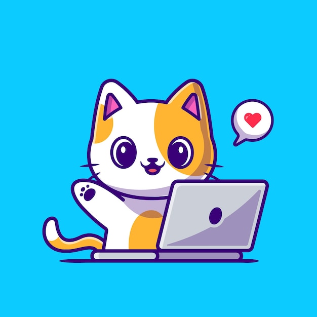Gatto sveglio che lavora all'illustrazione dell'icona del fumetto del computer portatile.