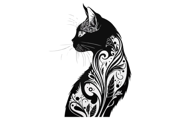 gatto tatuaggio illustrazione vettoriale in bianco e nero