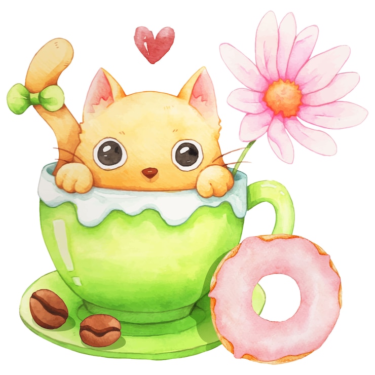 Vettore gatto, tazza di caffè e ciambella acquerello