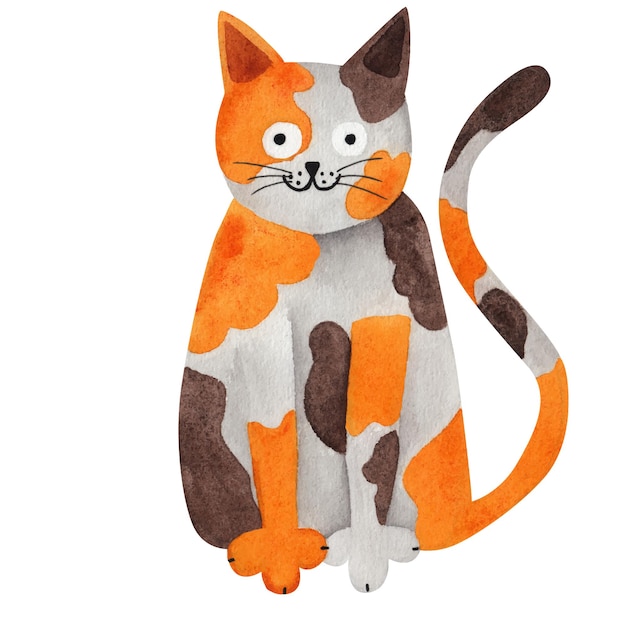 Gatto tricolore gatto divertente illustrazione ad acquerello su sfondo bianco