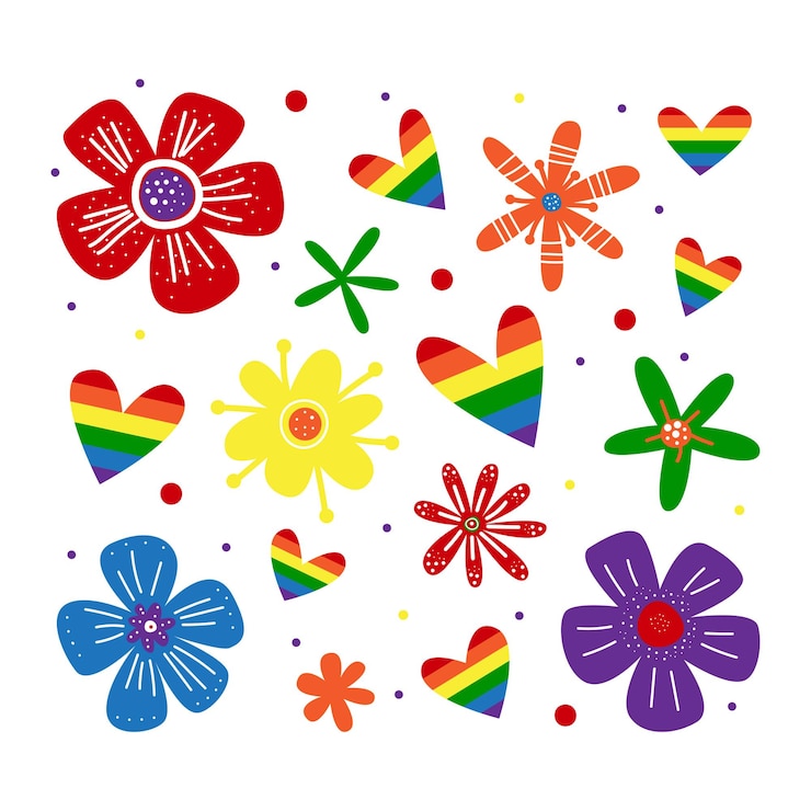 Vettore gay arcobaleno cuori e fiori set lgbt san valentino orgoglio romantico queer uguaglianza e diritti