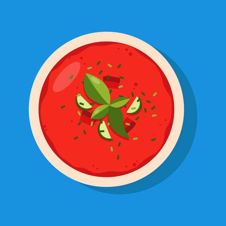 Vettore gazpacho di verdure crude frullate. zuppa fredda su sfondo blu.