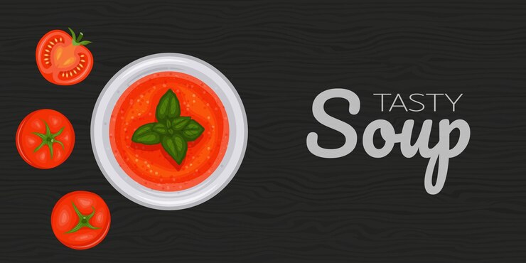 Vettore gazpacho di zuppa di pomodoro con pomodori su sfondo nero di legno volantino orizzontale oggetto per il menu degli annunci di imballaggio illustrazione vettoriale stile cartone animato