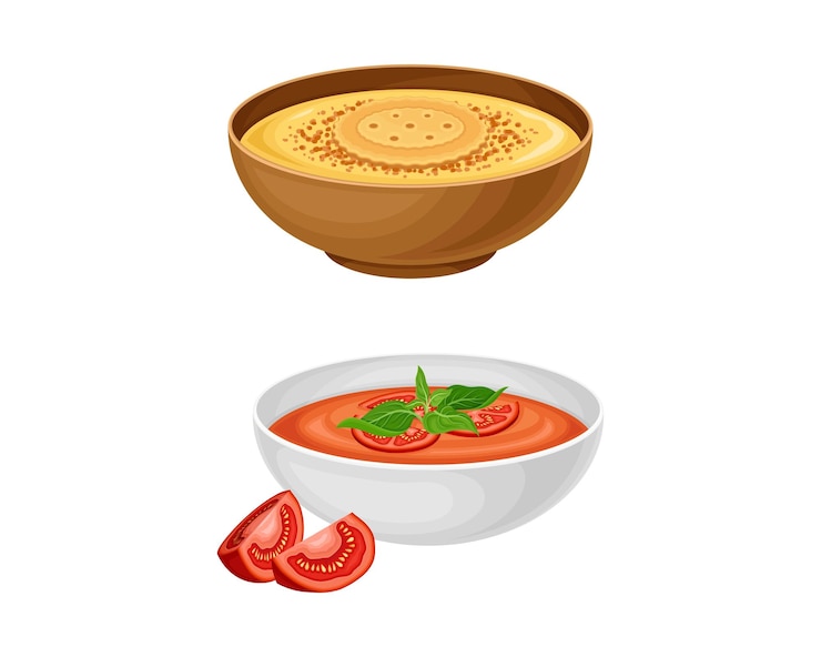 Vettore gazpacho freddo e zuppa cremosa in ciotola come set vettoriale di piatti della cucina spagnola