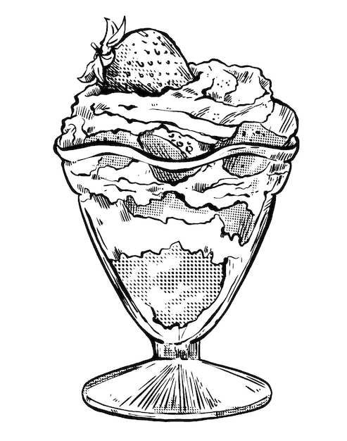 Gelato alla fragola con panna montata in una ciotola Illustrazione a inchiostro