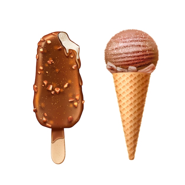 Gelato di glassa al cioccolato ghiacciolo realistico con noci
