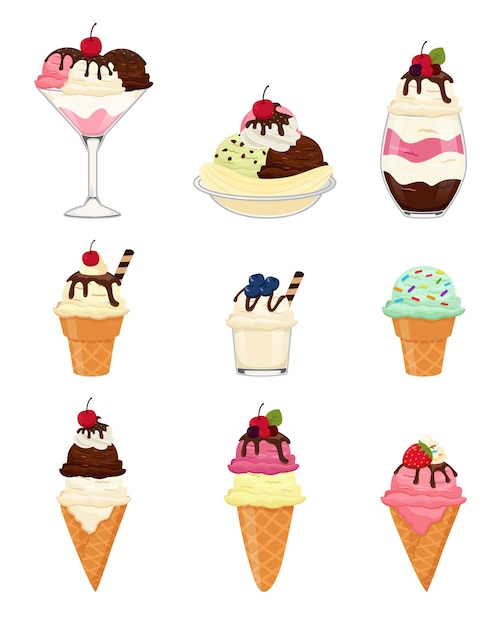 Gelato su contenitori con frutta, cioccolato e coni